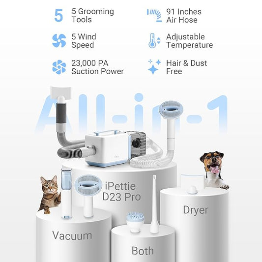 iPettie D23 Pro Pet Grooming Kit for Dogs: Vacuum Dog Brush and Dog Trimmer Vacuum — 95°F-140°F Adjustable Temperature, Adjustable Wind Speed, 23000 PA Suction for All Pet Grooming Needs
