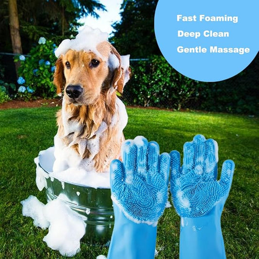 Dog Washing Gloves with Rubber Bristle Scrubber, Gentle Dog Bath Gloves Cat Shampoo Brush Supplies, Massaging, Bathing and Grooming Mitts for Pets - 1 Pair
