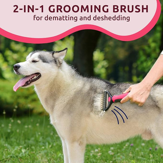 Pat Your Pet Deshedding Brush - Double-Sided Undercoat Rake for Dogs & Cats - Shedding Comb and Dematting Tool for Grooming, Extra Wide (Pink)