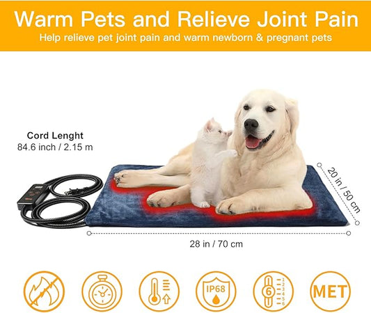 Toozey Pet Heating Pad, 6 Adjustable Temperature Dog Cat Heating Pad with Timer, Indoor Pet Heating Pads for Cats Dogs with Chew Resistant Cord, Electric Pads for Dogs Cats, Pet Heated Mat
