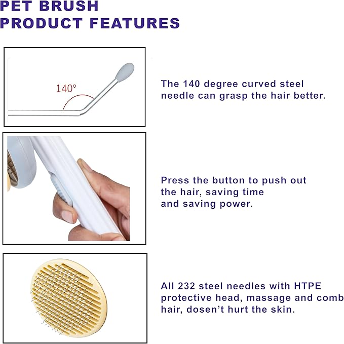 Self Cleaning Slicker Brush, Dog Cat Bunny Pet Grooming Shedding Brush - Easy to Remove Loose Undercoat, Pet Massaging Tool Suitable for Pets with Long or Short Hair (Grey & White)