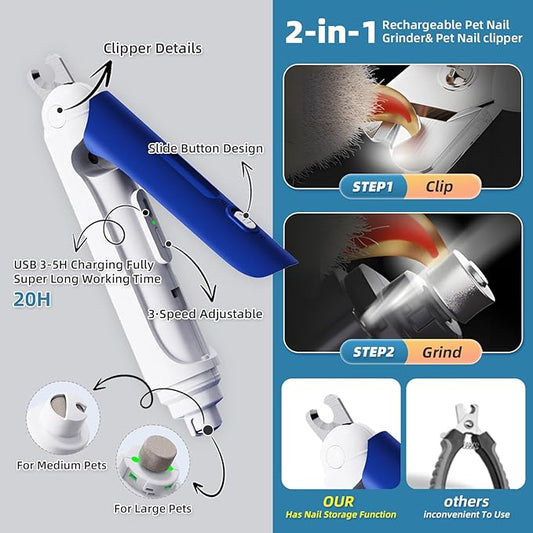 Cat and Dog Nail Grinder, 2-in-1 Electric Pet Nail Clipper, USB-C Rechargeable, 2 LED Lights, Super Quiet Painless Paws Grooming, Pet Nail Trimmer for Dogs Cats and All Pet Sizes, with Dust Cap, Blue