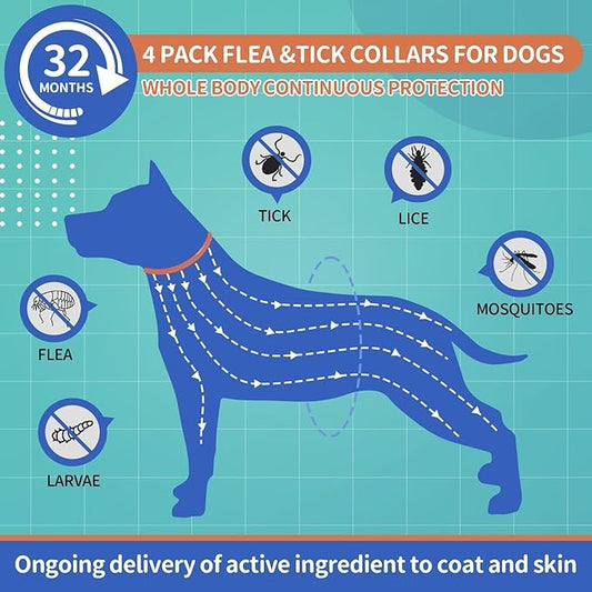 Dog Flea and Tick Collar 4 Pack, Waterproof Adjustable Collar for Dogs and Puppies, 32-Month Prevention, Blue & Orange