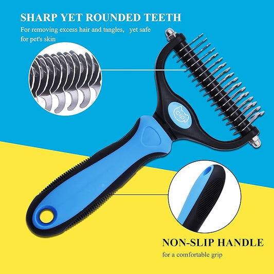 C4P Double Sided Undercoat Rake Brush for Long Haired Dogs & Cats, Shedding and Dematting Tool for Grooming Extra Wide Blue Large