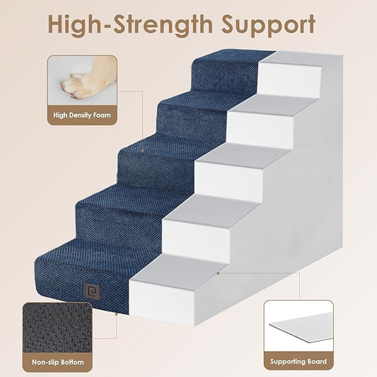 EHEYCIGA Dog Stairs for High Beds 22.5" H, 5-Step Dog Steps for Small Dogs and Cats, Slope Pet Steps with Non-Slip Bottom, Navy