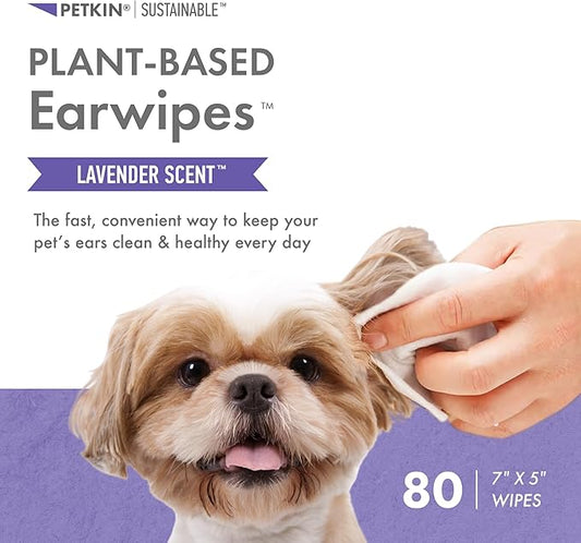 Petkin Plant-Based EarWipes, 80 Wipes - Biobased & Sustainable Pet Ear Wipes for Dogs & Cats - Cleans Ear Area, Dirt, Odor & Wax - Consciously Cleans & Conditions - Easy to Use - Lavender