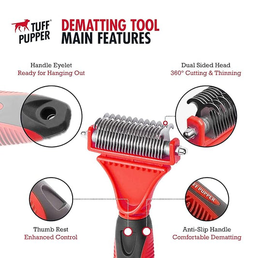 Tuff Pupper Dual Sided Dematting Comb | Convenient 12+23 Teeth Easily Removes Loose Fur Undercoat, Matting and Tangled Hair | Safe Comfortable Grooming Tool for Medium and Long Haired Cats Dogs Brush