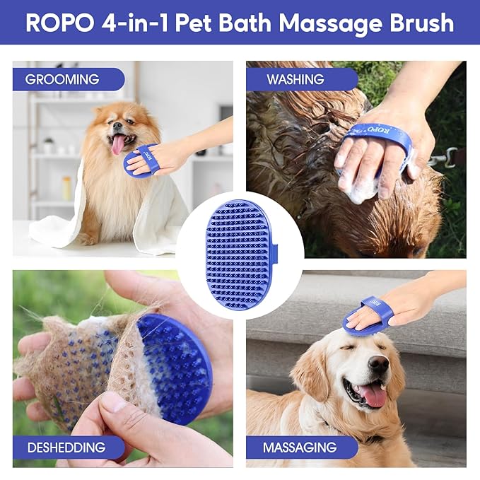 Dog bath brush, ROPO rubber massage pet shampoo brush, used for pet grooming, removing shedding fur, combing tangles and dead fur, suitable for pet dogs and cats (blue)