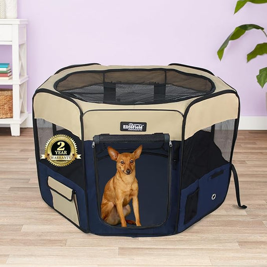 EliteField 2-Door Soft Pet Playpen (2 Year Warranty), Exercise Pen, Multiple Sizes and Colors Available for Dogs, Cats and Other Pets (36" x 36" x 24"H, Beige+Navy Blue)