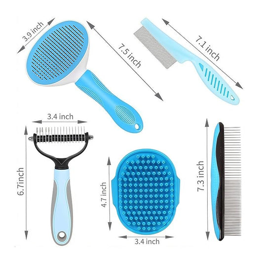 5-in-1 Grooming Kit - Supplies for Short and Long Hair Dogs, Bath Brush, Dematting Rake and Comb (Set of 5, Blue)