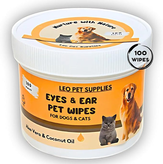 Eye & Ear Wipes for Pets - (100 Count) - Cleanser for Dogs and Cats, Non-Irritating Ingredients; Aloe Essence and Coconut Oil, Specially formulated, Everyday use, Unscented