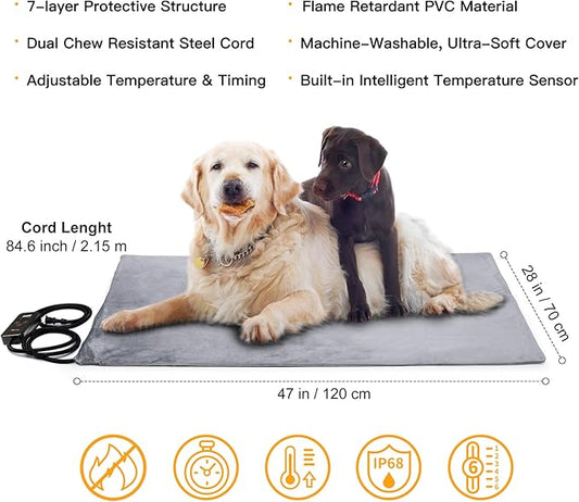 Toozey Pet Heating Pad, 6 Adjustable Temperature Dog Cat Heating Pad with Timer, Indoor Pet Heating Pads for Cats Dogs with Chew Resistant Cord, Electric Pads for Dogs Cats, Pet Heated Mat