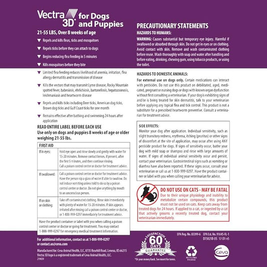 Vectra 3D for Dogs Flea, Tick & Mosquito Treatment & Prevention for Medium Dogs (21 – 55 lbs) , 6 month supply
