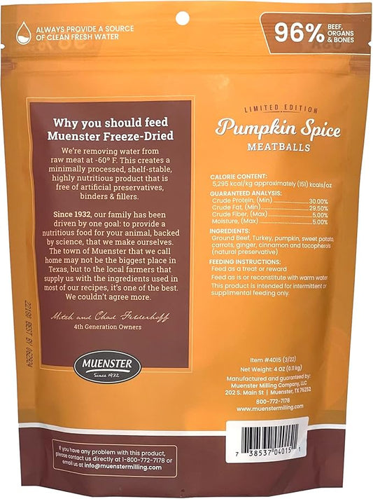 Muenster Freeze-Dried Limited Edition Pumpkin Spice Meatballs for Dogs, 4 oz Package