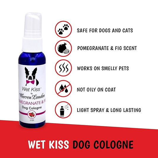 Warren London - Wet Kiss Dog Cologne, Long Lasting Dog Spray, Dog Deodorant to Remove Odor from Stinky Dogs, Pomegranate & Fig, 2 Ounce Bottle