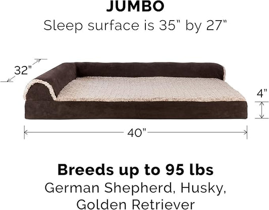 Furhaven Memory Foam Dog Bed for Large Dogs w/ Removable Bolsters & Washable Cover, For Dogs Up to 95 lbs - Two-Tone Plush Faux Fur & Suede L Shaped Chaise - Espresso, Jumbo/XL