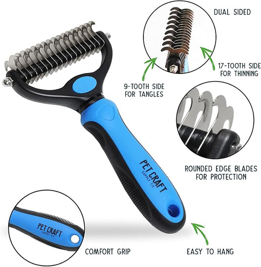 Pet Craft Supply Dog Grooming Rake Undercoat Brush 2-in-1 Pet Deshedding Dematting Detangler Tool with Double Sided Metal Comb Head for Cats and Dogs with Long or Short Hair Fur