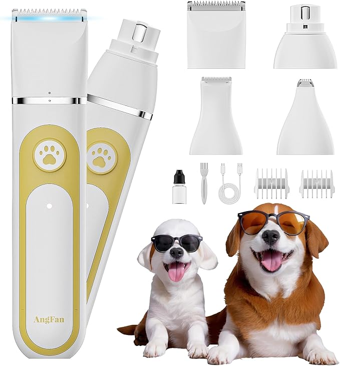 Dog Clippers Grooming Kit with 4 in 1 Tools, Cordless Dog Paw Trimmer & IPX7 Waterproof & Nail Grinder, Low Noise Quiet Design with Silicone Grip for Dogs and Cats