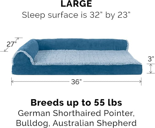 Furhaven Orthopedic Dog Bed for Large/Medium Dogs w/ Removable Bolsters & Washable Cover, For Dogs Up to 55 lbs - Two-Tone Plush Faux Fur & Suede L Shaped Chaise - Marine Blue, Large