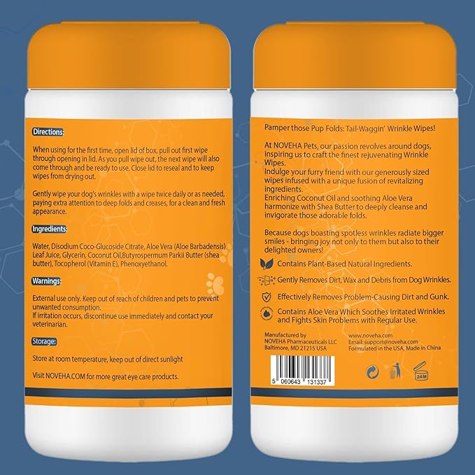 NOVEHA Wrinkle XL Wipes for Dogs | Wipes for Bulldog, French Bulldog, Pug, English Bulldog โ Wipes for Multiple Areas Removes Dirt, Wrinkles, Folds, Tear Stain, Tail Pockets & Paws (240 Counts)