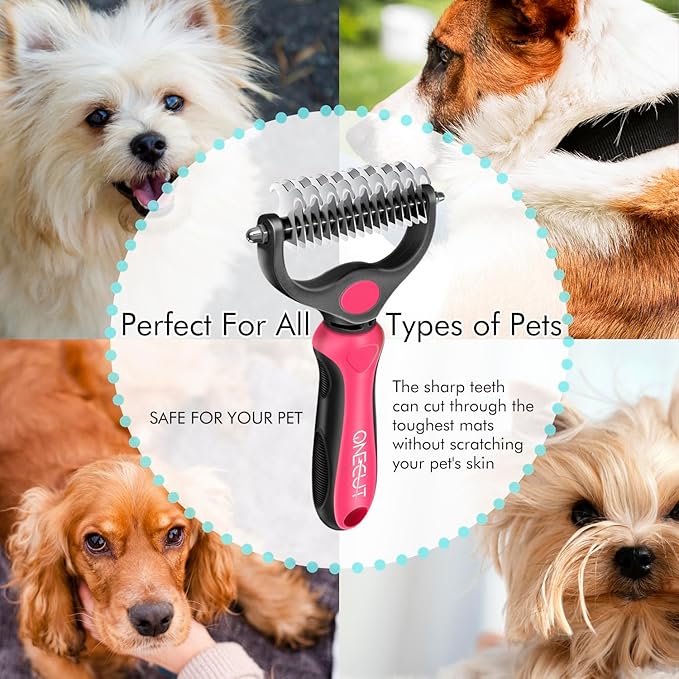 OneCut Pet Grooming Brush and Metal Comb Combo, Pet Grooming Rake and Brushes for Small, Medium & Large Dogs Double Sided Deshedding Tool Removes Knots and Tangled Hair (Red)