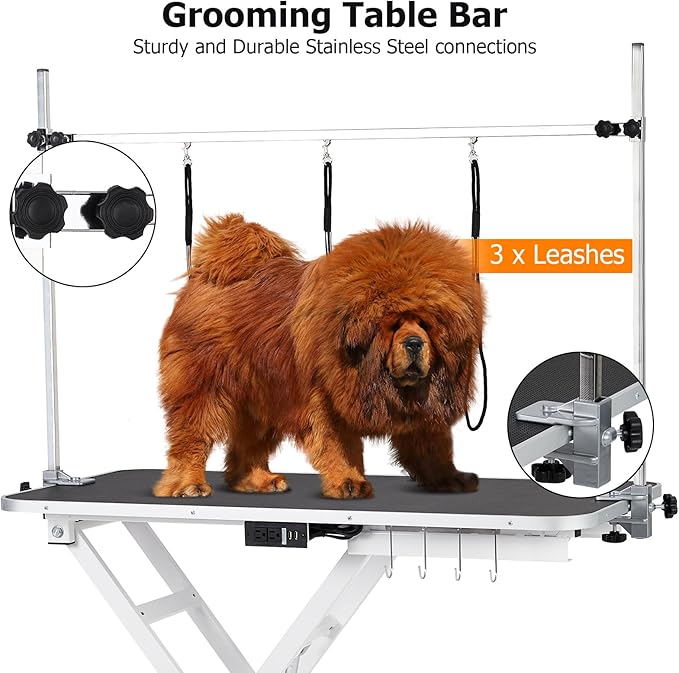 47โ Electric Lift Dog Grooming Table (White), Heavy Duty Electric Grooming Arm Table for Pets & Large Dogs Adjustable Height: 9.4"-39.4" Non-slip Desktop with Gantry Crane Set, Fixture *4 Noose*2