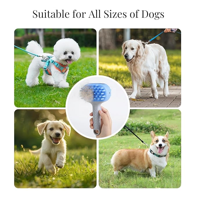 QMEAKMONY Dog Bath Brush Shampoo Brush Scrubber for Bath with Soap Dispenser Soft Bristles Deep Cleaning Ergonomic Handle for Grooming Shedding and Long Short Haired Dogs (Blue)