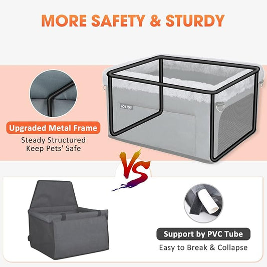 JOEJOY Deluxe Dog Booster Seat with Sturdy Metal Frame and Safety Leash for Small Pets up to 20 lbs - Portable Puppy Dog Car Seat with Thick Cushion and Storage Pockets for Small Dogs