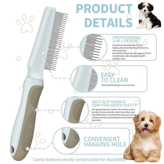 Ropo Pet Grooming Comb for Dogs and Cats, Flea Comb, Long Handled Pet Comb 2 in 1 Long and Short Stainless Steel Metal Teeth for Tangle and Knot Removal - Detangling Brush