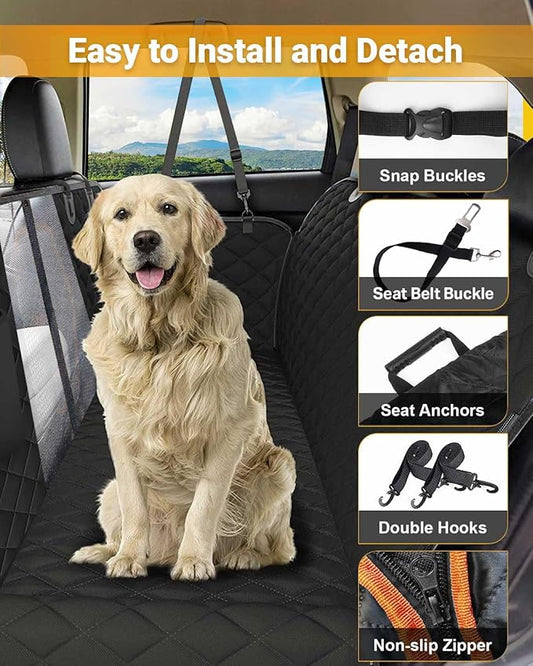 Dog Car Seat Cover, 600D Heavy Durable Dog Seat Cover for Back Seat, 100% Waterproof Scratch Proof Nonslip Dog Hammock for Car with Side Flap, Pet Back Seat Covers for Car with Seatbelt Black