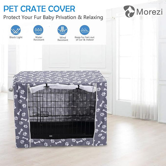 Dog Crate Cover Kennel Dogs Covers fits Small Medium Large crates cage Heavy Nylon Waterproof soundproof Indoor Outdoor - Cover only - Grey Bone paw - 42 inch