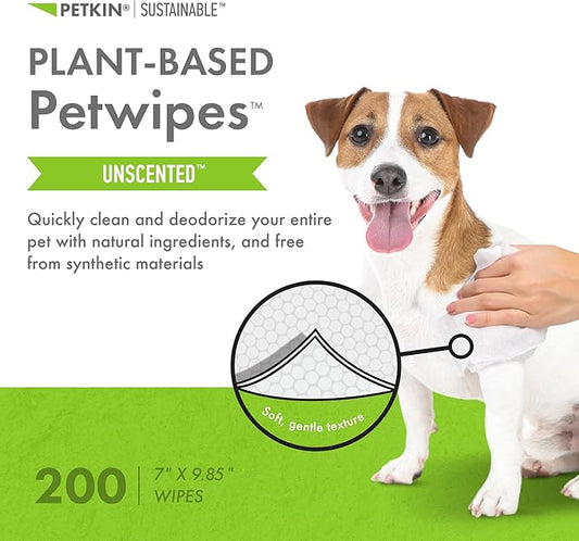 Petkin Plant-Based PetWipes, 200 Wipes - Biobased, Sustainable, Big & Thick Pet Wipes for Dogs & Cats - for Face, Paws, Ears, Body & Eye Area - Consciously Cleans & Conditions - Unscented
