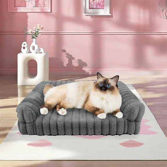 Thick Orthopedic Cat Sofa, Waterproof Supportive Foam Small Dog Sofa Bed with Washable Cover, Faux Fur Comfy Bolster Couch Pet Beds with Nonskid Bottom (Grey, 24"x18")