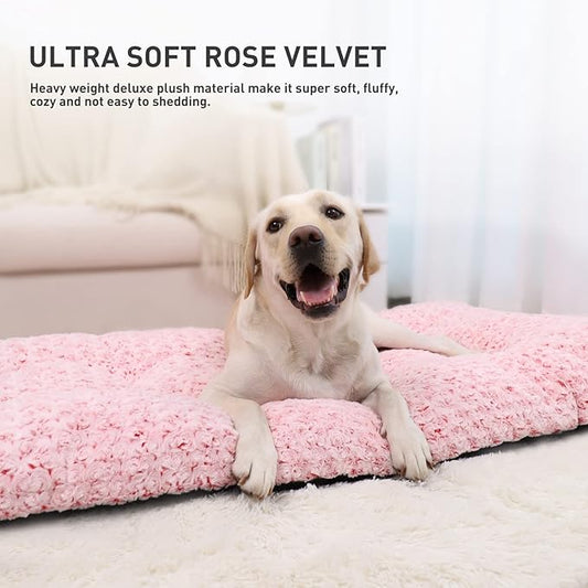 KSIIA Washable Dog Bed Deluxe Plush Dog Crate Beds Comfy Kennel Pad Anti-Slip Pet Sleeping Mat for Large, Jumbo, Medium, Small Dogs Breeds, 41" x 27", Pink