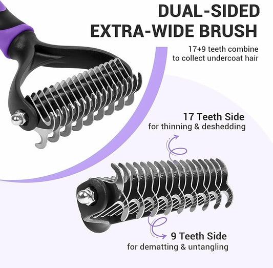 MIU COLOR Pet Grooming Brush, 2 Sided Undercoat Rake for Dogs & Cats, Professional Deshedding Brush and Dematting Tool, Effective Removing Knots, Mats, Tangles for Cats, Dogs, Extra Wide (Purple)