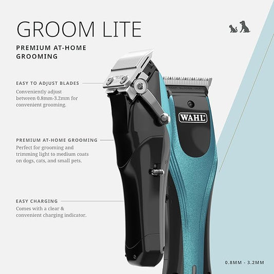 Wahl Pro Animal Groom Lite Pet Clipper - Cordless & USB Charging - Adjustable Blades - Professional Grooming Kit for Dogs, Cats & Small Pets - Black/Metallic Blue