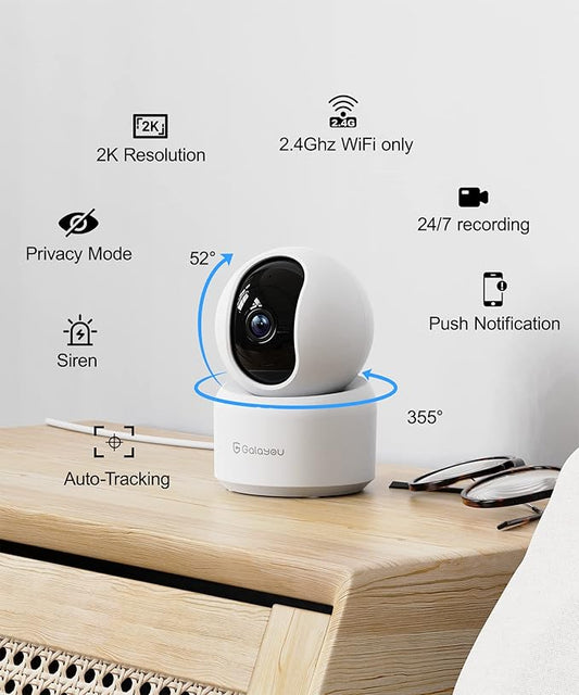 GALAYOU Indoor Security Camera 2K, 360 Degree 2.4G WiFi Home Security for Baby/Pet/Elder/Nanny with Night Vision, 24/7 SD Card Storage, Works with Alexa and Google Assistant G2-2Pack