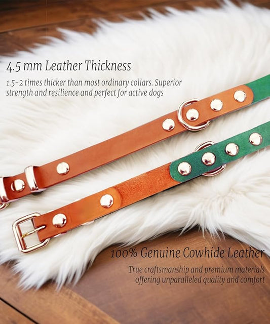Premium Genuine Leather Dog Collar - Durable 4.5mm Thick, Color-Blocking Design with Rose Gold Hardware, Available in 4 Sizes for Small, Medium and Large Dogs, Green 13.5-17 in