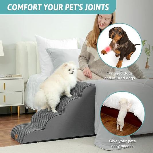 Dog Stairs for Small Dogs 19.7" H, Pet Step with Leakproof Cover, High Density Foam Cat Ramp for Bed, Couch or Sofa, Lightweight, Durable, Comfort, 15.7x28.3x19.7 inch, 4 Tiers, Dark Grey