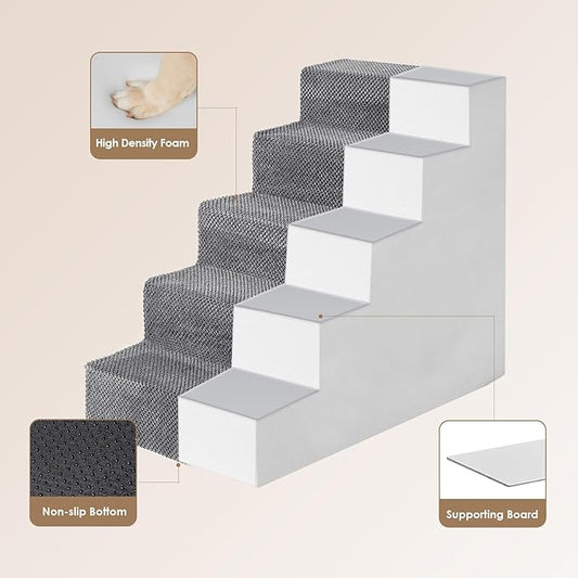 EHEYCIGA Dog Stairs Ramp for High Bed 22.5”H, 5-Step Dog Steps for Bed, Pet Steps for Small Dogs and Cats, Non-Slip Balanced Dog Indoor Ramp, Grey