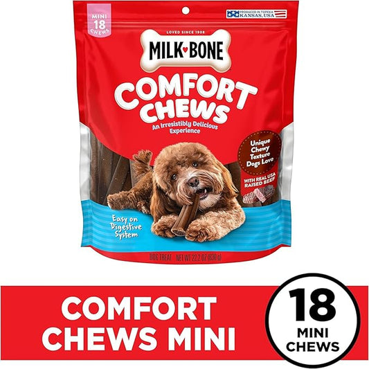 Milk-Bone Mini Comfort Chews, Rawhide Free Dog Treats with Unique Chewy Texture and Real Beef, 18 Mini Chews (Pack of 4)