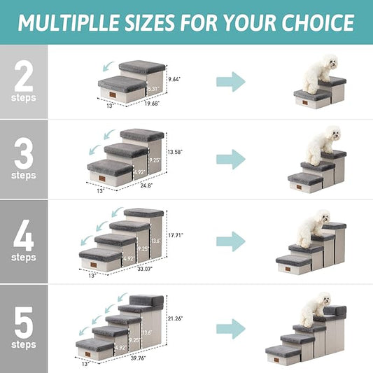 Dog Stair for Small Dogs with Storage, 17.7" H Foldable Pet Step with Soft Leakproof Cover, Older Cat Ramp for Couch Sofa Bed, Lightweight, Comfort, 33x13x17.7 inch, 4 Tiers Grey