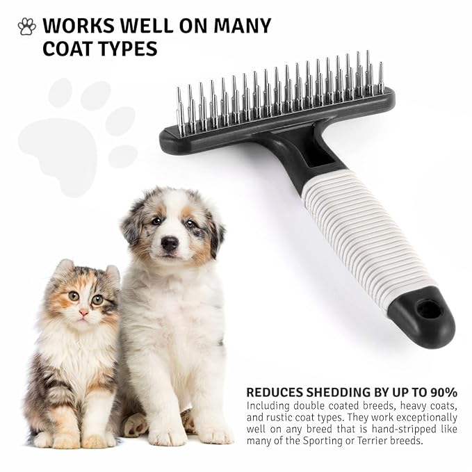 POODLIE Poodle Pet Dog Grooming Rake | Dematting Tool with Stainless Steel Shedding Comb for Pets | 2 Rows of Pins Gently Remove Loose or Tangled Hair from Undercoat (Black)