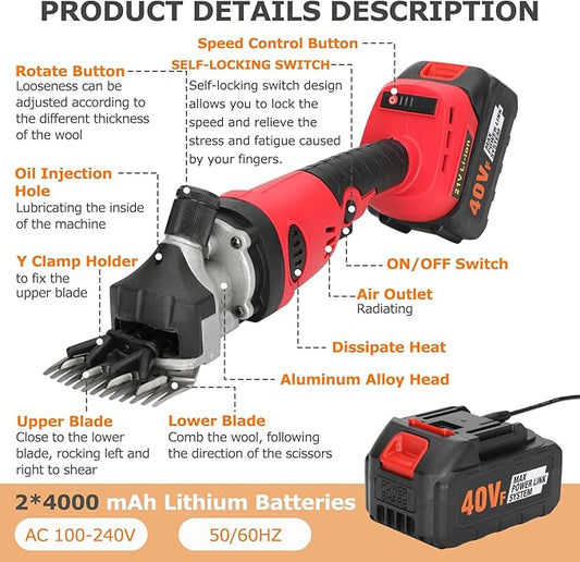 21V Cordless Electric Professional Sheep Shears, Rechargeable Sheep Clippers Cordless, Heavy Duty Animal Grooming Clippers for Sheep, Goats, Cattle and Other Farm Livestock(2 Lithium Batteries)