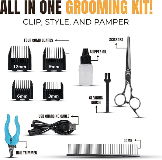 Anti-Clogging Dog Hair Clipper – Cordless, Waterproof & Rechargeable Pet Grooming Trimmer for Thick Coats – Low Noise, High-Power Blade for Dogs & Cats (Gold)