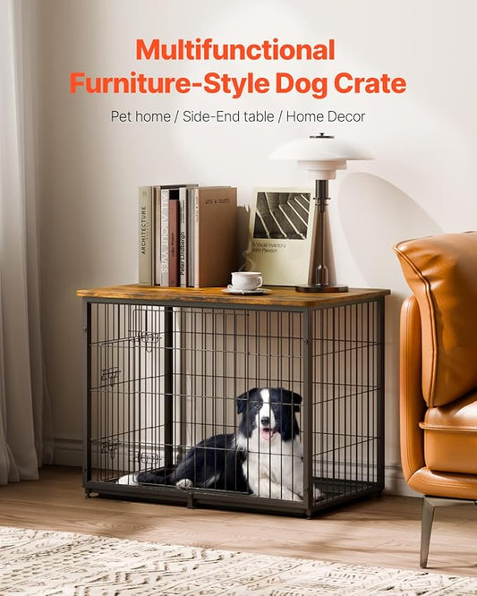 VEVOR 33" Dog Crate Furniture, Dog Kennel Furniture with Double Doors, 2-in-1 Decorative Wooden Dog Crate with Removable Tray, Dog Crate End Table Hold up to 45 lbs for Small, Medium Dogs Brown