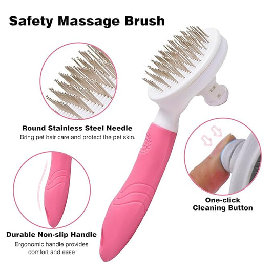 Dog Grooming Brush with Release Button Self Cleaning Slicker Brushes for Cats Dog Mats and Tangled Hair Grooming Comb Hair Brush Gently Removes Loose Undercoat Pink