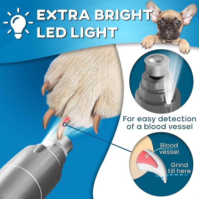 Low Vibration Dog Nail Grinder with LED Light – 2-Speed Quiet Nail Trimmer for Small & Medium Dogs, Cats, and Other Pets Professional Grinder