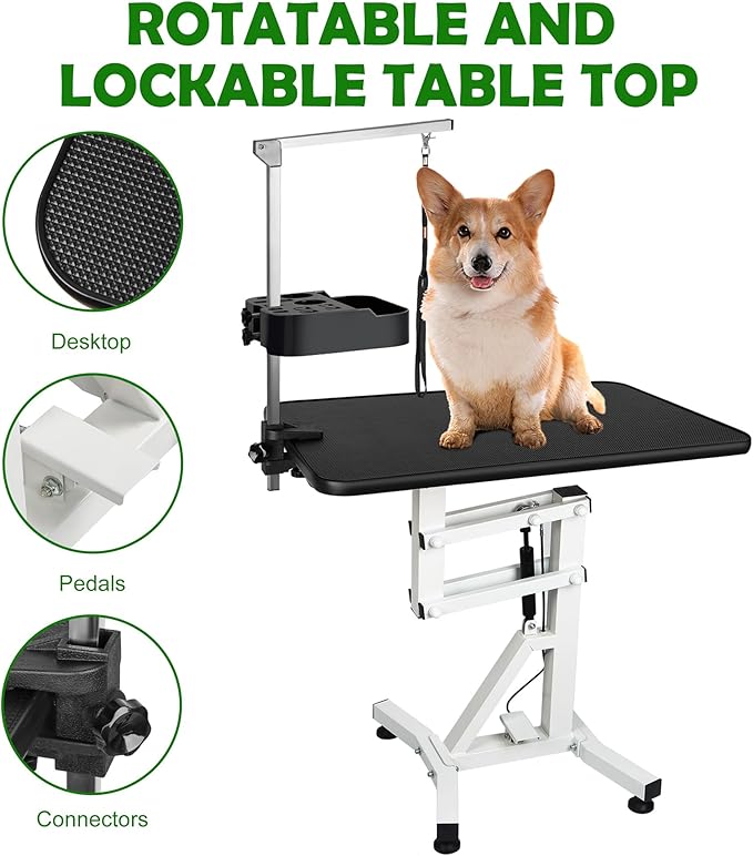 31" Dog Grooming Table, Pneumatic Lift Adjustable Small Pet Trimming Station for Home with Anti-Skid Rubber and Rotatable Desktop (Up to 50lbs)