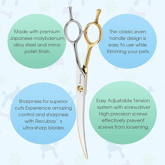 Dog Cat Scissors for Grooming, Pet Shears for Thick Coats and Matted Hair, Thinner Curved Straight Chunker Stainless Steel Shears